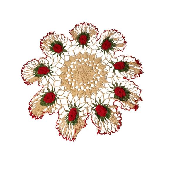 VINTAGE 3D CHRISTMAS HANDMADE CROCHET RED GREEN DOILY LARGE 25" POINSETTIA - Picture 1 of 7